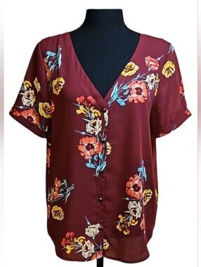 Sandy & Sid Burgundy Floral V-Neck Blouse M